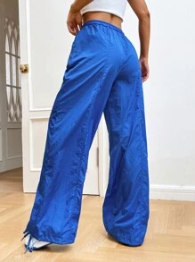 SHEIN EZwear 腰部抽繩闊腿褲 - 藍色 - 查看 2