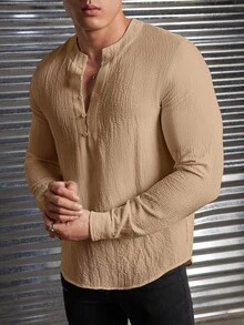 GENTILAND 男士素色半排扣前襯衫 - 駝色 - 查看 6