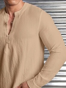 GENTILAND 男士素色半排扣前襯衫 - 駝色 - 查看 7