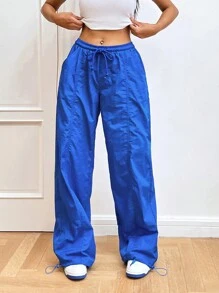 SHEIN EZwear 腰部抽繩闊腿褲 - 藍色 - 查看 4