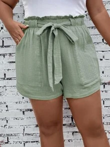 SHEIN LUNE 大碼紙袋腰附腰帶短褲 - 薄荷綠 - 查看 3