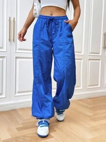 SHEIN EZwear 腰部抽繩闊腿褲 - 藍色 - 查看 6