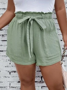 SHEIN LUNE 大碼紙袋腰附腰帶短褲 - 薄荷綠 - 查看 1