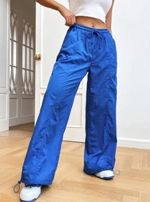 SHEIN EZwear 腰部抽繩闊腿褲 - 藍色 - 查看 7