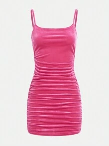 SHEIN 青少年女孩素色絲絨吊帶連衣裙 - 玫紅色 - 查看 1