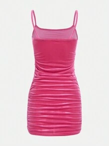 SHEIN 青少年女孩素色絲絨吊帶連衣裙 - 玫紅色 - 查看 2