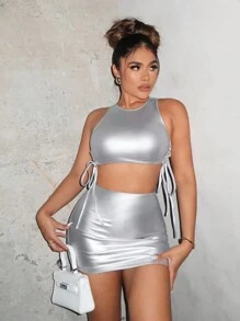 SHEIN SXY Drawstring Side Crop Tank Top & Bodycon Skirt - Silver - View 1