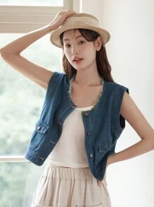 DAZY 翻蓋口袋前紐扣牛仔夾克背心 - 深色水洗藍 - 查看 1