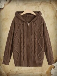 ROMWE Academia Solid Zip Up Hooded Cable Knit Cardigan - Coffee Brown - View 1