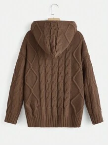 ROMWE Academia Solid Zip Up Hooded Cable Knit Cardigan - Coffee Brown - View 2