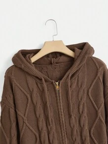 ROMWE Academia Solid Zip Up Hooded Cable Knit Cardigan - Coffee Brown - View 3