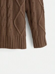 ROMWE Academia Solid Zip Up Hooded Cable Knit Cardigan - Coffee Brown - View 4