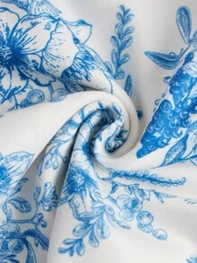 SHEIN Tops con gái Bất đối xứng Tương phản Mesh Xù Hoa Giải trí - Xanh và trắng - Xem 4