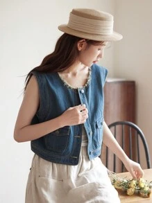 DAZY 翻蓋口袋前紐扣牛仔夾克背心 - 深色水洗藍 - 查看 7