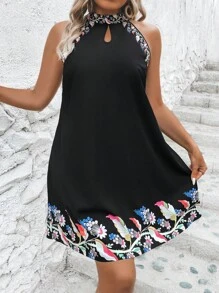 SHEIN LUNE Plus Floral Print Keyhole Neckline Dress - Black - View 3