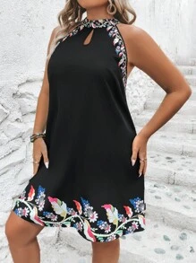 SHEIN LUNE Plus Floral Print Keyhole Neckline Dress - Black - View 1