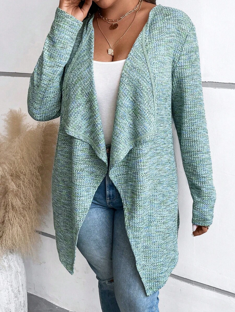 SHEIN LUNE Plus Space Dye Waterfall Collar Open Front Coat - Green - View 1