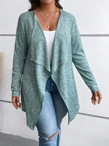 SHEIN LUNE Plus Space Dye Waterfall Collar Open Front Coat - Green - View 3