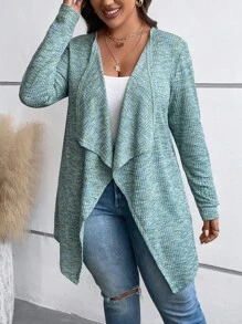 SHEIN LUNE Plus Space Dye Waterfall Collar Open Front Coat - Green - View 4