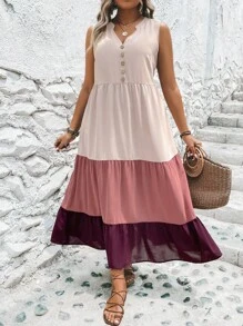 SHEIN LUNE Plus Colourblock Ruffle Hem Smock Dress - Pink - View 3
