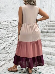 SHEIN LUNE Plus Colourblock Ruffle Hem Smock Dress - Pink - View 2