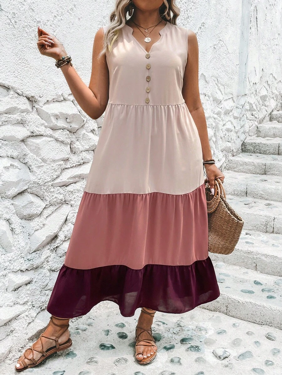 SHEIN LUNE Plus Colourblock Ruffle Hem Smock Dress - Pink - View 1