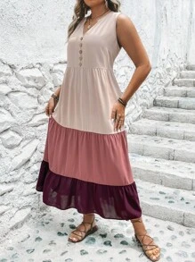 SHEIN LUNE Plus Colourblock Ruffle Hem Smock Dress - Pink - View 4
