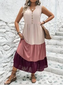 SHEIN LUNE Plus Colourblock Ruffle Hem Smock Dress - Pink - View 5