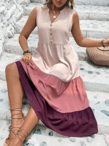 SHEIN LUNE Plus Colourblock Ruffle Hem Smock Dress - Pink - View 6