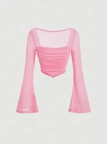 SHEIN MOD Romantic Pink Square Neck Trumpet Sleeve Ruched Hanky Hem Tee