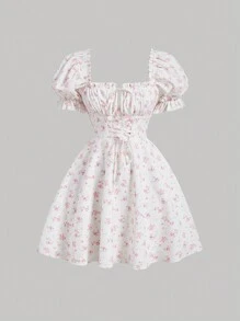 SHEIN MOD 碎花前繫帶泡泡袖連衣裙 - 粉色 - 查看 1