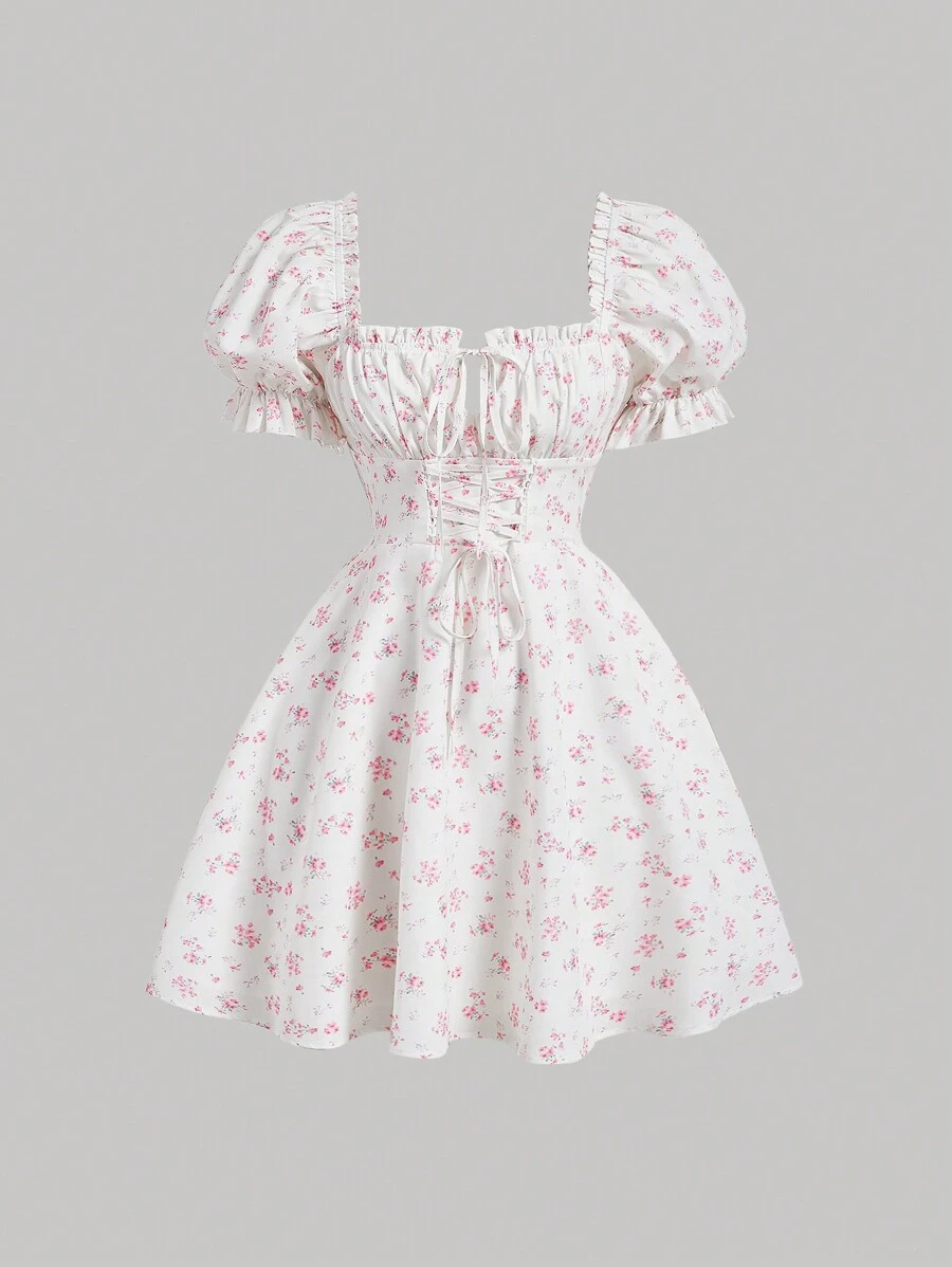 SHEIN MOD 碎花前繫帶泡泡袖連衣裙 - 粉色 - 查看 1