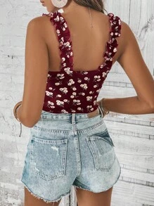 SHEIN LUNE Floral Print Frill Trim Tie Front Cami Top - Red - View 2