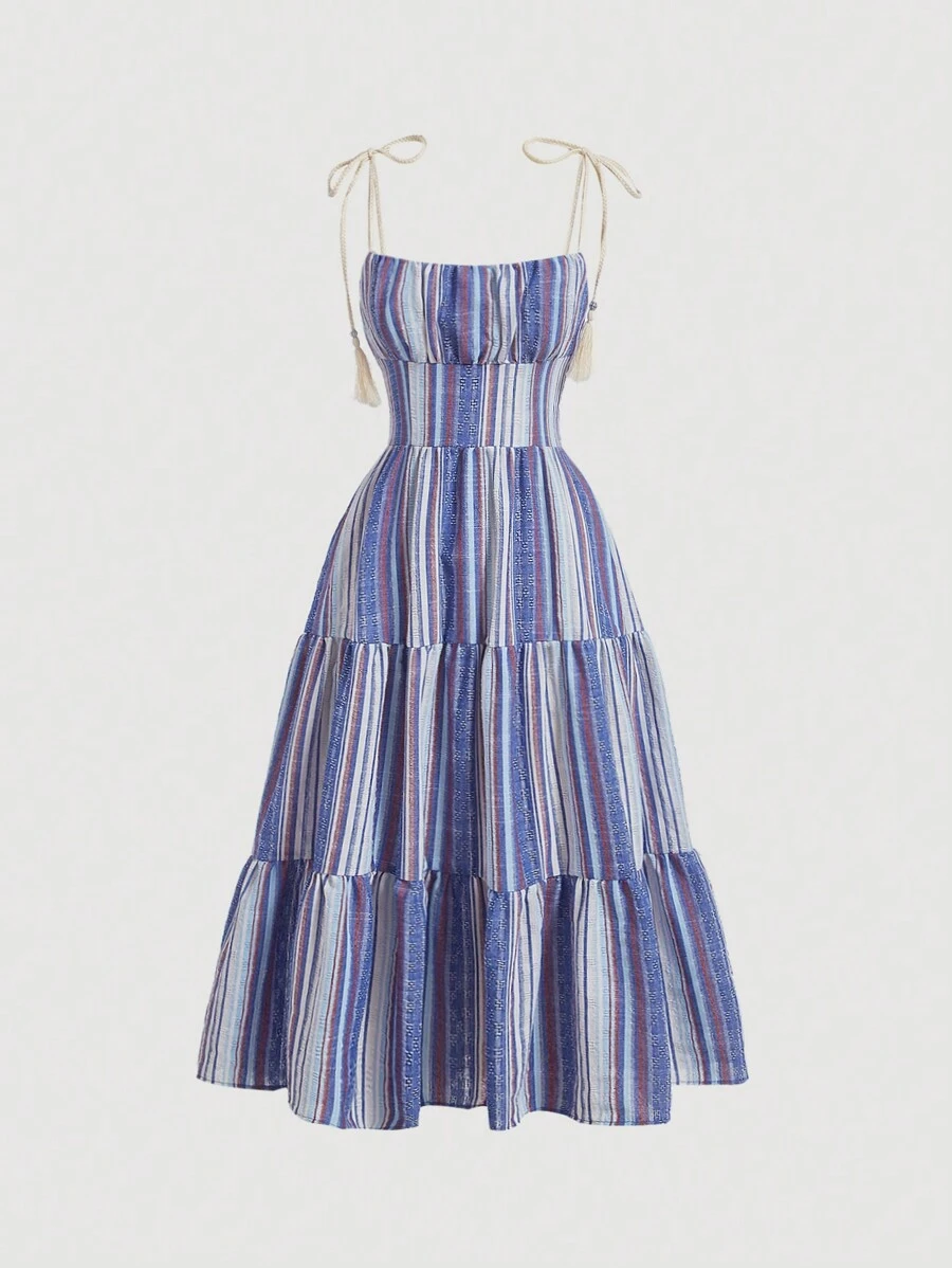 SHEIN MOD Striped Ruched Bust Ruffle Hem Cami Dress,Pastel Dresses For Women - Multicolor - View 1
