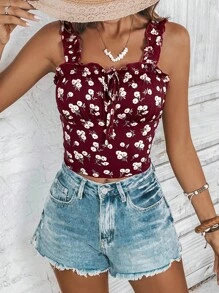SHEIN LUNE Floral Print Frill Trim Tie Front Cami Top - Red - View 4