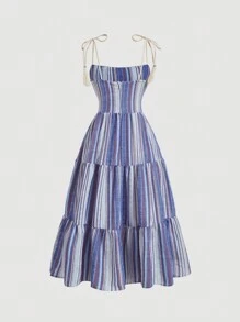 SHEIN MOD Striped Ruched Bust Ruffle Hem Cami Dress,Pastel Dresses For Women - Multicolor - View 2