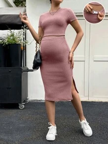 SHEIN Maternity Solid Tee & Split Thigh Skirt - Dusty Pink - View 1