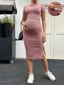 SHEIN Maternity Solid Tee & Split Thigh Skirt - Dusty Pink - View 3