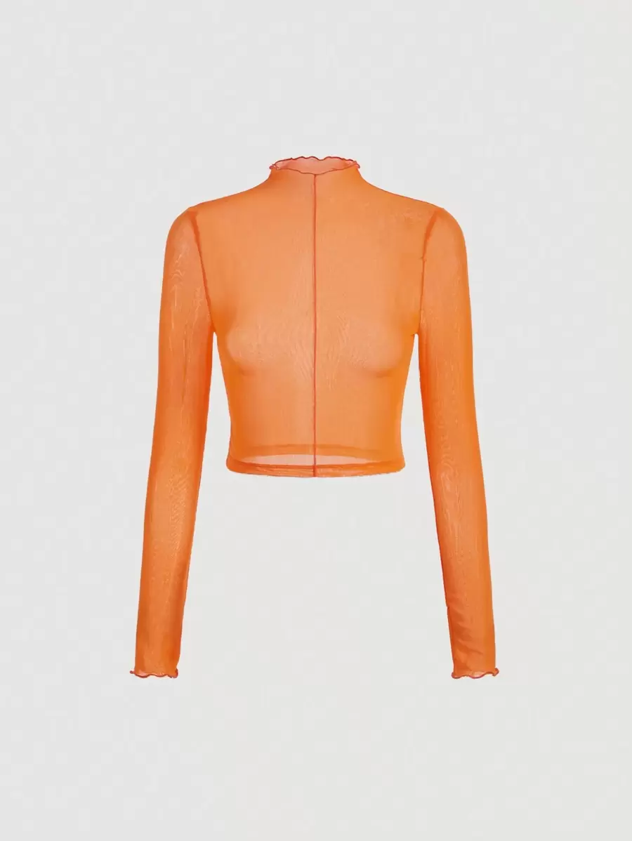SHEIN MOD Mock Neck Lettuce Trim  Semi-Perspective Elasticity Mesh Summer Top - Orange - View 1