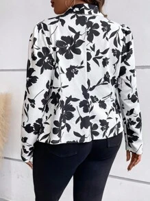 SHEIN Clasi Plus Size Women Floral Print Lapel Long Sleeve Elegant Blazer Jacket, Autumn Winter Fall - Black and White - View 2