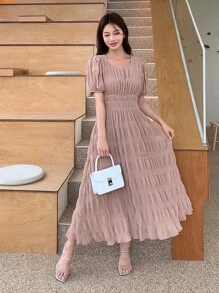 DAZY Đầm Xếp li Dải chun màu trơn Giải trí - Hồng - Xem 3