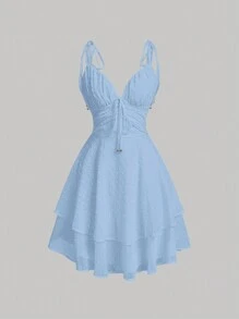 SHEIN MOD Đầm Thắt nút phân lớp Dây kéo màu trơn Giải trí - Màu xanh nhạt - Xem 1