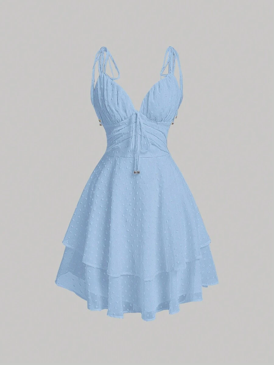 SHEIN MOD Đầm Thắt nút phân lớp Dây kéo màu trơn Giải trí - Màu xanh nhạt - Xem 1