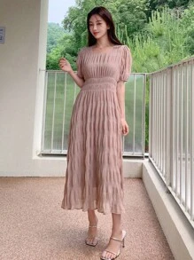 DAZY Đầm Xếp li Dải chun màu trơn Giải trí - Hồng - Xem 4