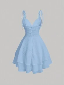 SHEIN MOD Đầm Thắt nút phân lớp Dây kéo màu trơn Giải trí - Màu xanh nhạt - Xem 2