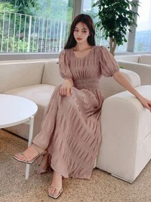 DAZY Đầm Xếp li Dải chun màu trơn Giải trí - Hồng - Xem 5