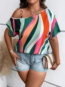 SHEIN Clasi 大碼撞色不對稱領蝙蝠袖襯衫 - 彩色 - 查看 1