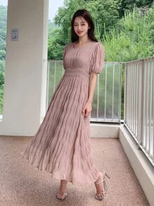 DAZY Đầm Xếp li Dải chun màu trơn Giải trí - Hồng - Xem 6