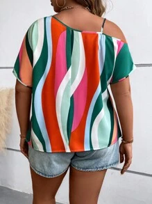 SHEIN Clasi 大碼撞色不對稱領蝙蝠袖襯衫 - 彩色 - 查看 2