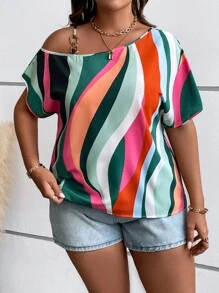 SHEIN Clasi 大碼撞色不對稱領蝙蝠袖襯衫 - 彩色 - 查看 3